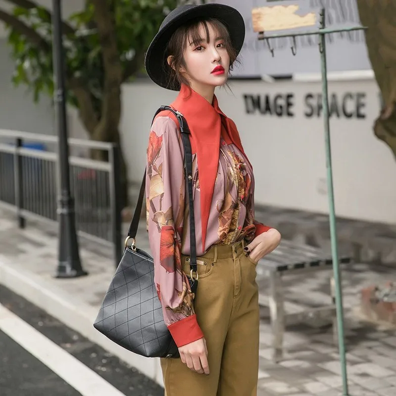 TWOTWINSTYLE женские рубашки блузка воротник с лацканами длинный рукав пэчворк принт