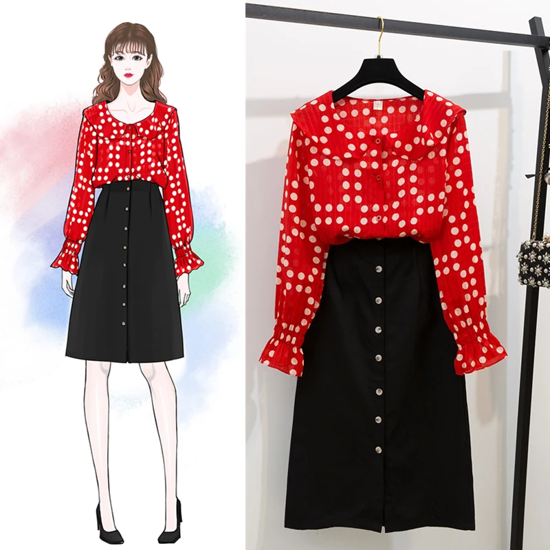 

spring flavour vintage new red chiffon shirt & buttons long skirts joker bust skirt suit two piece clothing set vestidos woman