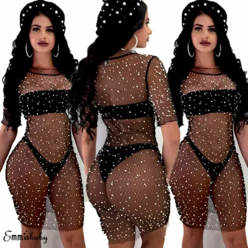Sexy Womens Sequins Mesh Beachwear Swimwear Bikini Cover Up Ladies Lace Blouse Dress |