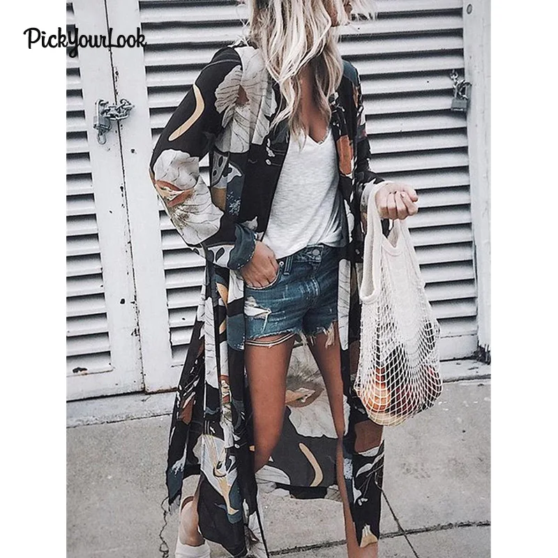 Pickyourlook длинные женские кимоно кардиган мода уличная Дамы топы рубашка осень