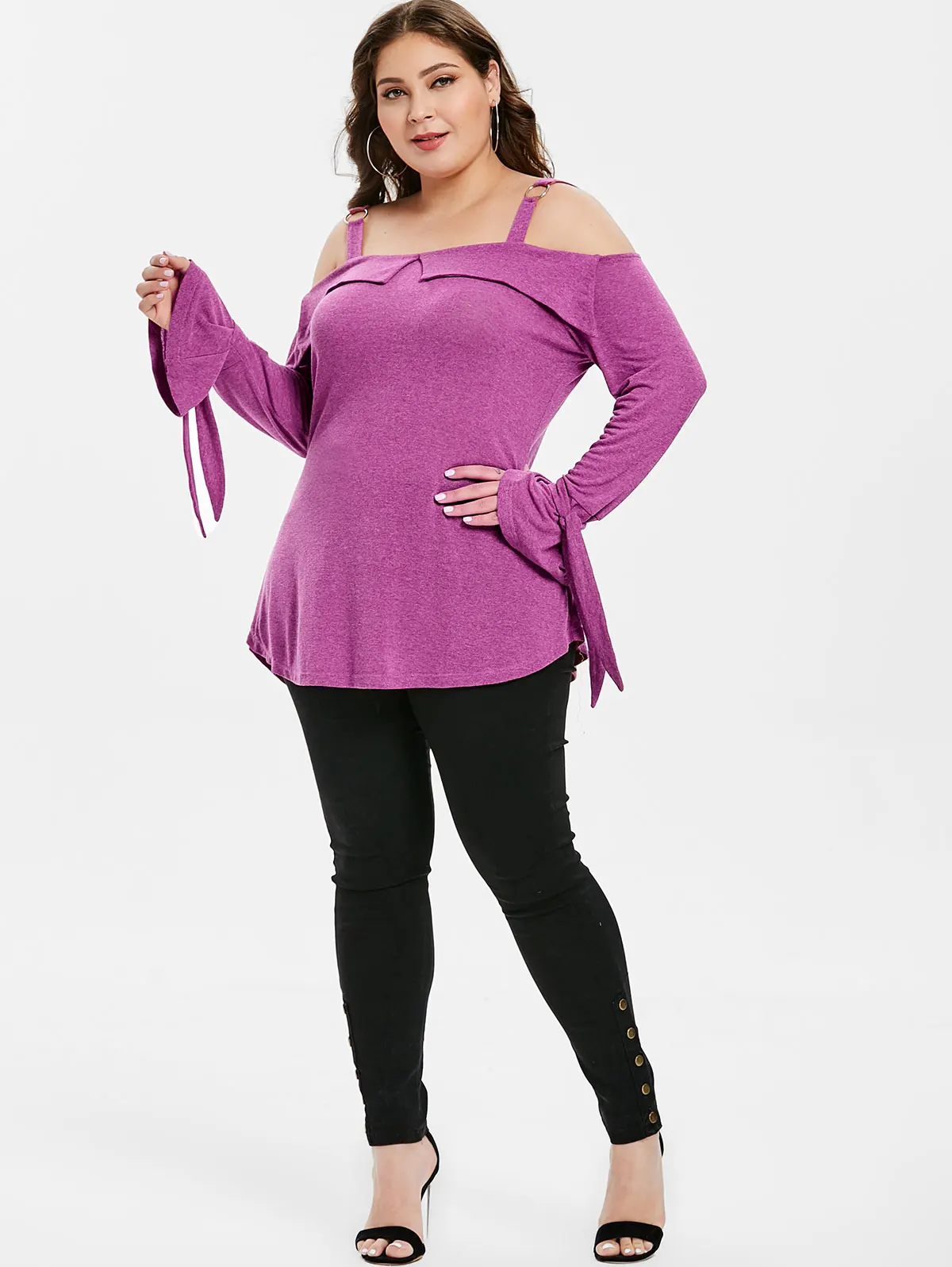Wipalo Women Plus Size Square Neck Flare Long Sleeve T-Shirt Spaghetti Strap Cold Shoulder Casual Solid Tees Ladies Spring Tops | Женская