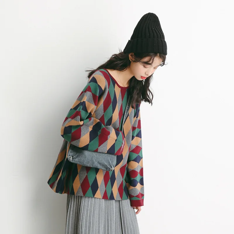 Cherry Chesse Harajuku Vintage Geometric Plaid Sweater Long Sleeve O Neck Pullovers Women Autumn Casual Knitted | Женская одежда