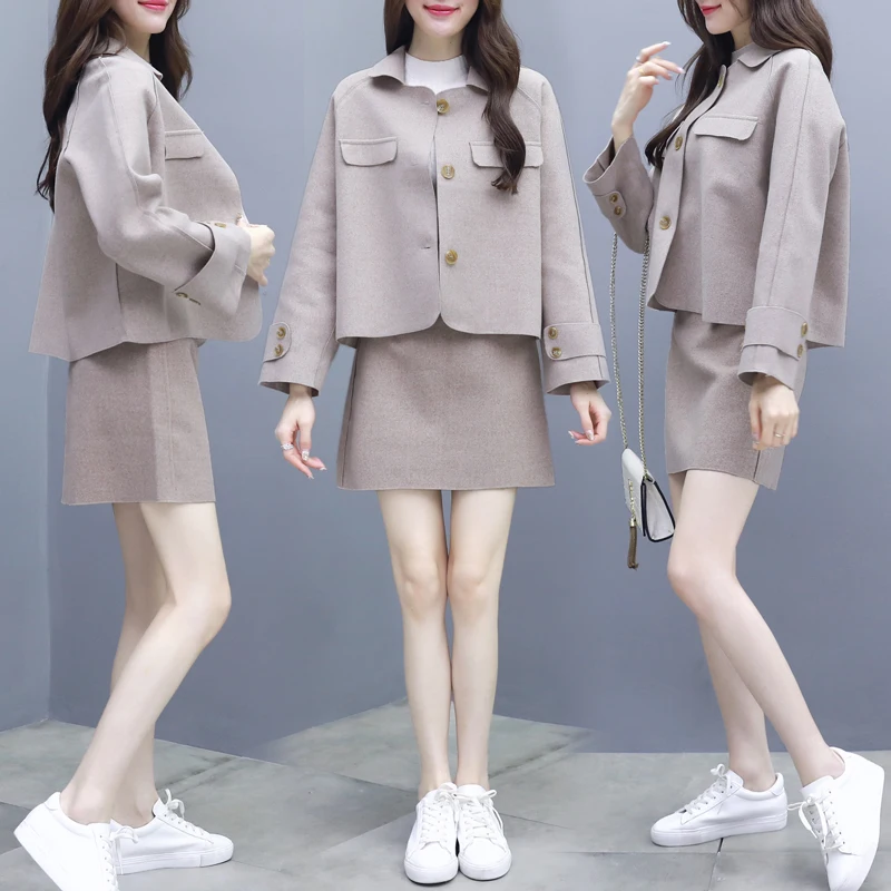 

Looser Jacket Top & Short Skirt Or Pants Women Coat Clothing Set Lady Korean Fashion Outfits Casual Vestido Top Trousers Clothes