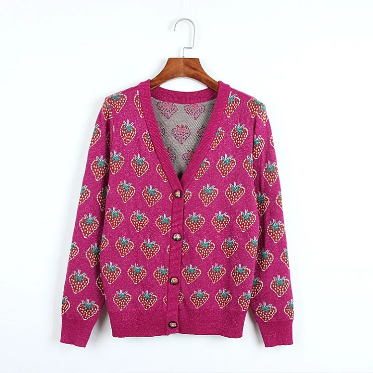 2019 autumn women's new sweet strawberry gold line sweater V-neck versatile coat cardigan women |