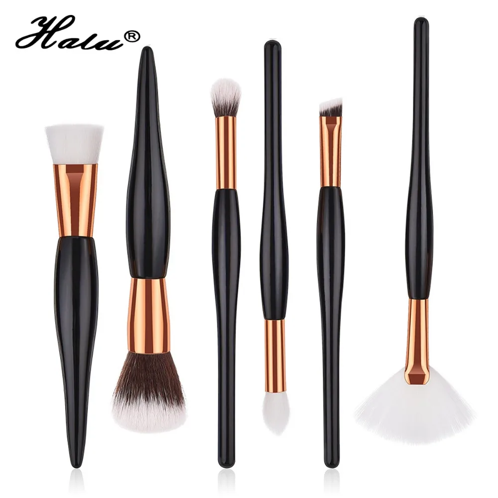 Halu Professional Gourd Foundation Fan Makeup Brushes Set 6pc Black Flat Head Powder Blush Eyeshadow Cosmetic | Красота и здоровье