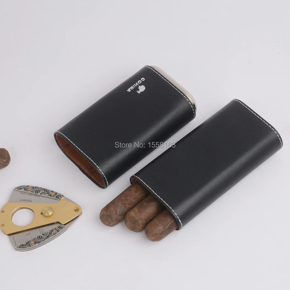 Кожаный чехол COHIBA с подкладкой из кедра 3 пальцами и серебристыми