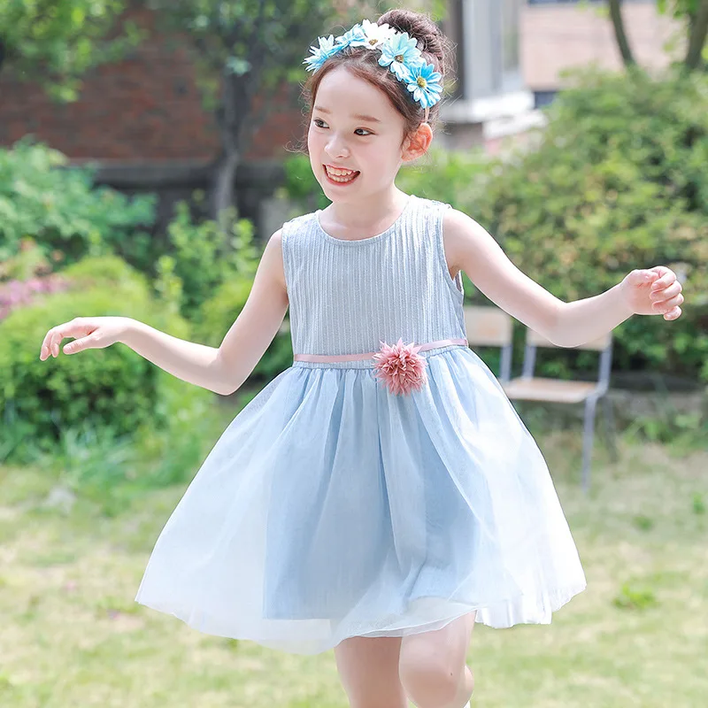 

2020 летнее кружевное платье для девочек, детская голубая детская одежда с 3d цветами, милое платье