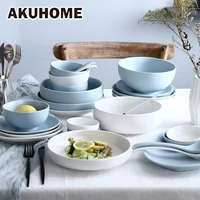 nordic style solid bowls ceramic dishes and plates sets dinner plates white blue tray for food household gift akuhome