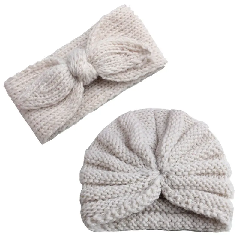 Baby Girl Hat Newborn Cap Infant Headband Toddler Kids Turban Cotton Beanie Kitting Bonnet Hairband Winter Crochet 2pcs 0-5T | Детская