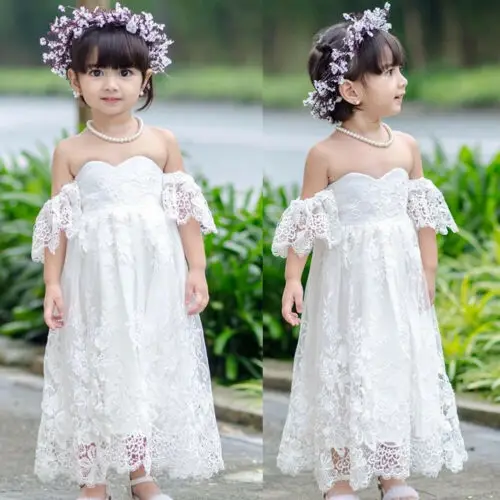 2019 Brand Princess Kids Baby Girls Lace Long Dress New Summer Off Shoulder Flower Pageant Party Bridesmaid Formal | Детская одежда и