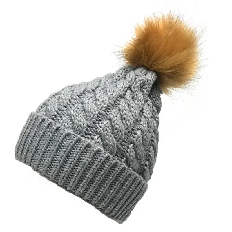 

MeiHuiDa 2018 New Style Fashion Patchwork Women Warm Winter Knit Beanie Fur Pom Bobble Hat Crochet Ball