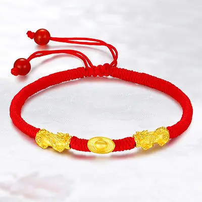 

Pure 24K Yellow Gold Pixiu with Yuanbao Bead Knitted Bracelet 16cm
