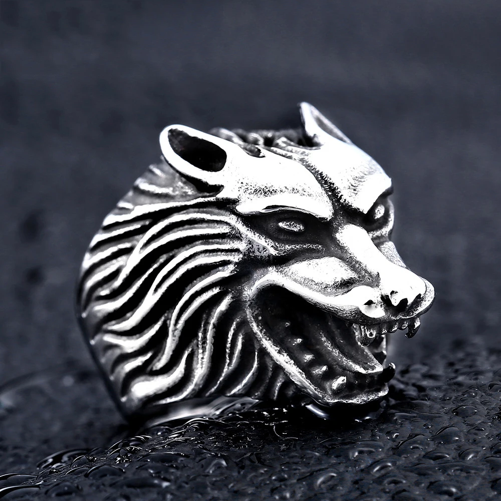 

316L Stainless steel steam ram Men punk ring Animal Wolfl Head Powerful Skull man Band gothic rings Jewelry Gift For Him