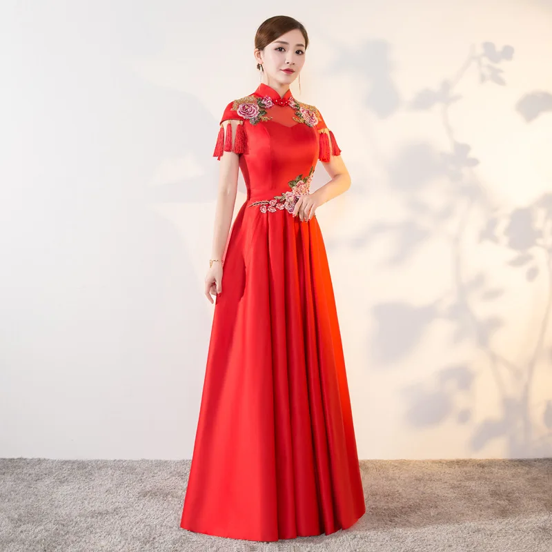 Вечерние платья Qipao с вышивкой Длинные китайские свадебные платья-Ципао