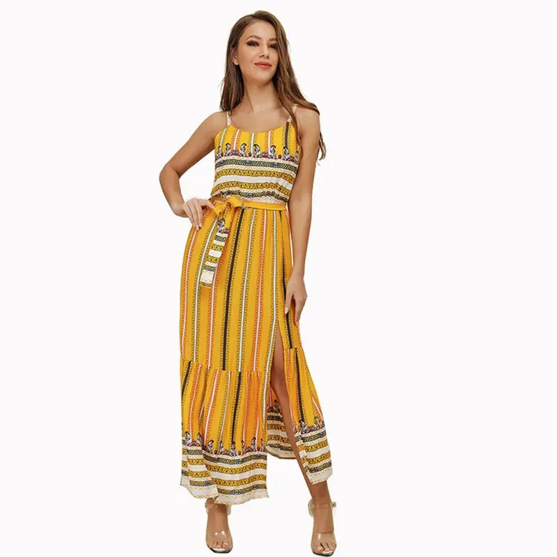 Летнее пляжное платье для женщин Boho в полоску Желтый шик праздник Сексуальная