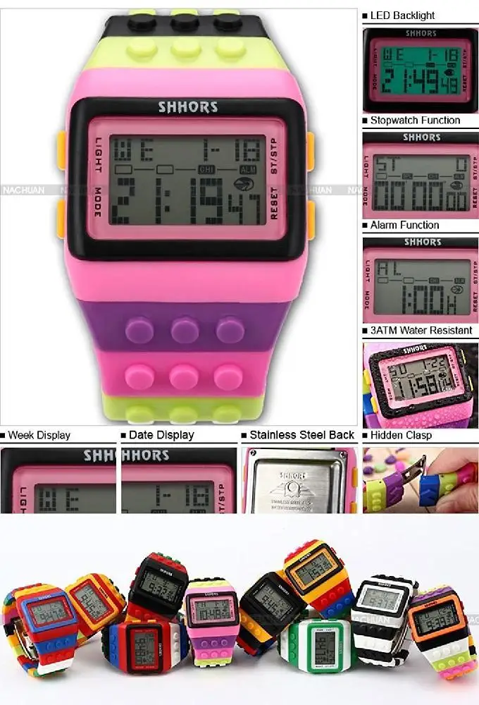

LinTimes SHHORS Block Silicone LCD Digital Light Men Ladies Sport Watch Red Blue LED090