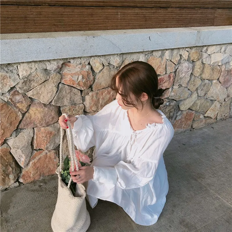 2019 New V Neck Lantern Sleeve Mini Shirt Dress Women Sweet Long Lace Up Summer Casual Solid Dresses | Женская одежда