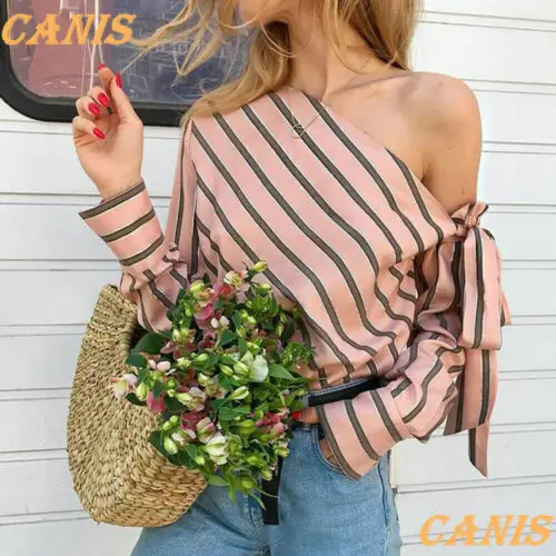 

New Women Girls Casual Striped Long Sleeve One Shoulder Sexy Club Wear Shirt Blouse Tee Tops 2019