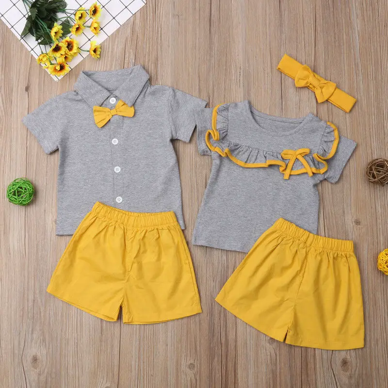 Kids Baby Big Little Sister Brother Short Sleeve T shirt Bow tie Ruffle Tops Shorts Outfit Clothes Summer Set |