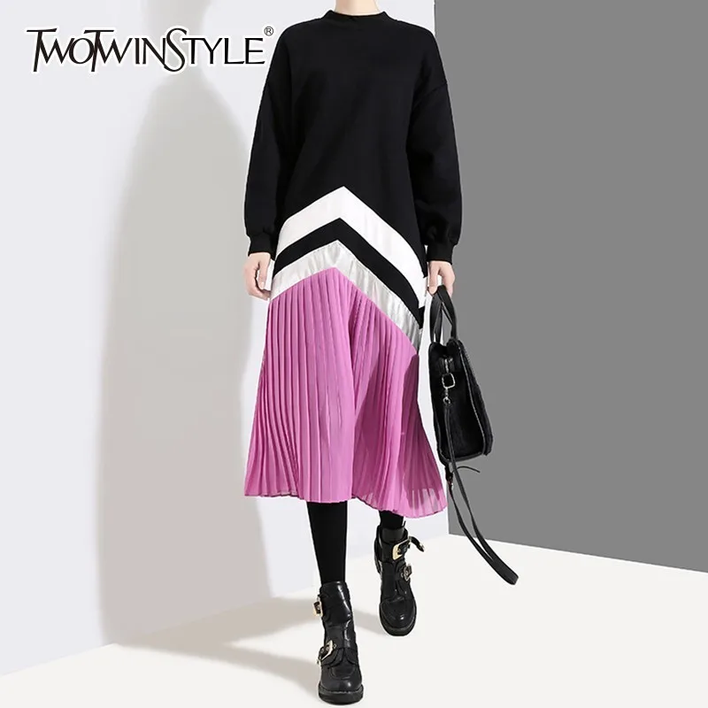 TWOTWINSTYLE весеннее Платье женское с круглым вырезом и длинным рукавом хит цвета