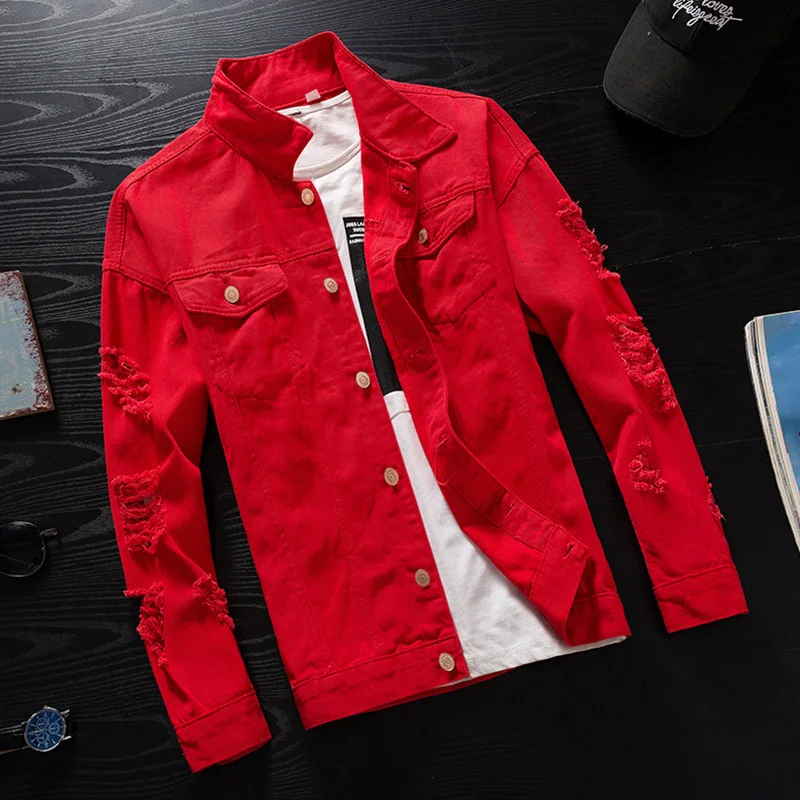 

#7106 Spring 2020 Pink Red Black Hip Hop Denim Jacket Men Windbreaker Streetwear Ripped Jeans Jacket Homme Casual Bomber Jacket