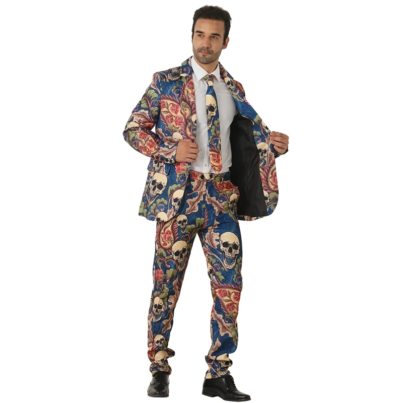 Стильный мужской костюм для взрослых с кошельком и черепом жуткий скелет цветок