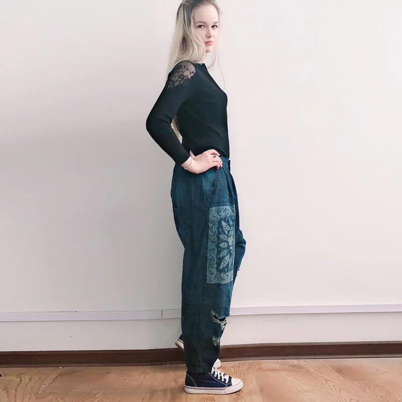 Джинсы большого размера с широкими штанинами джинсы принтом бойфренда уличная