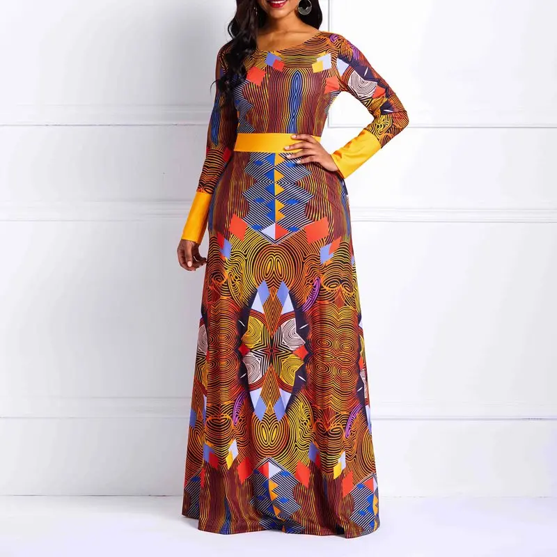 Maxi Dress Women Brown Geometric Print Stylish Elegant Swing Robe Female Elastic High Waist Backless Party Autumn Long Dresses | Женская