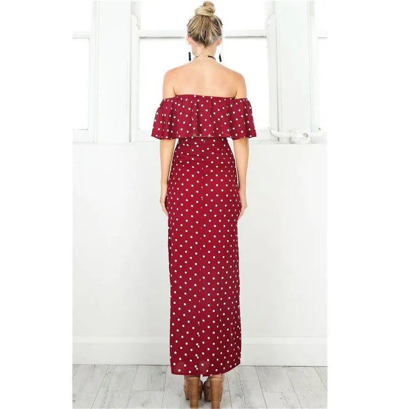 Женское длинное платье Lily Rosie красное винтажное с открытыми плечами в горошек