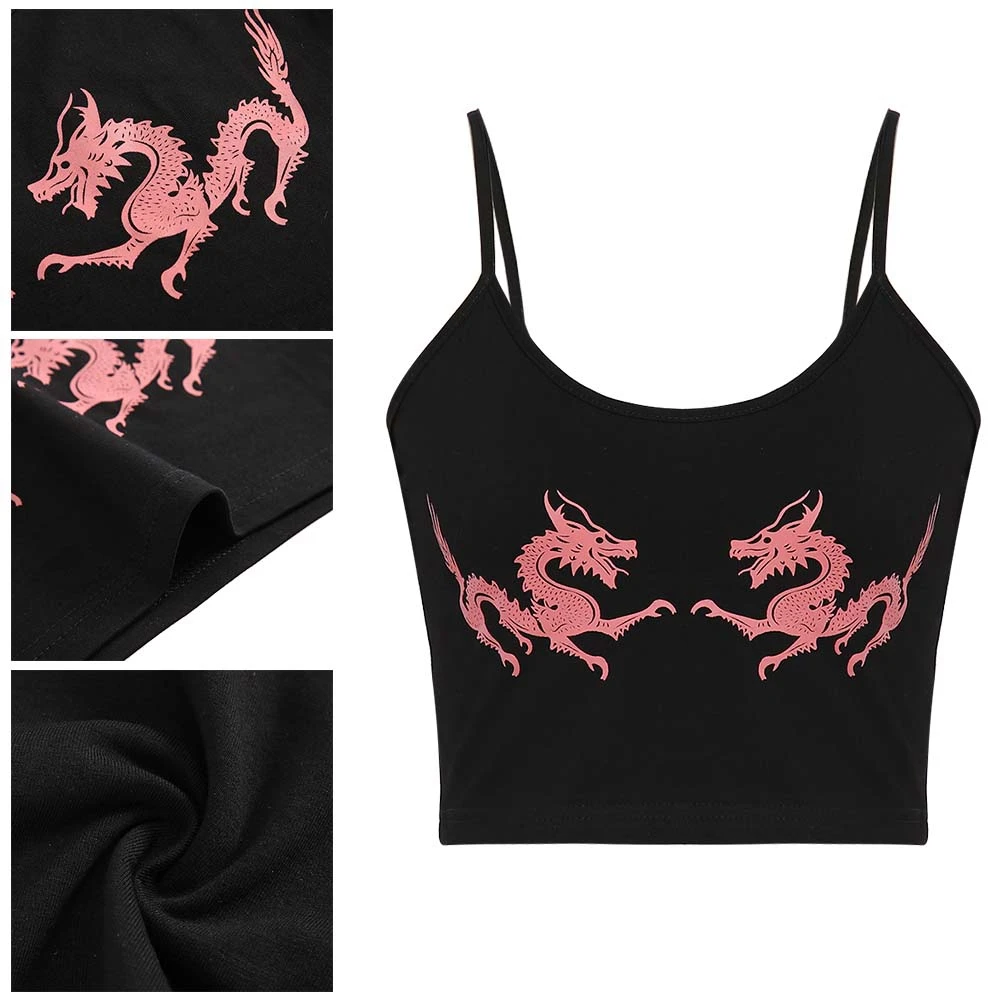 2019 Fashion Summer Women Casual Dragon Print Sleeveless Camisole Sexy Spaghetti Strap Backless Crop Top Chinese Style Street c | Женская