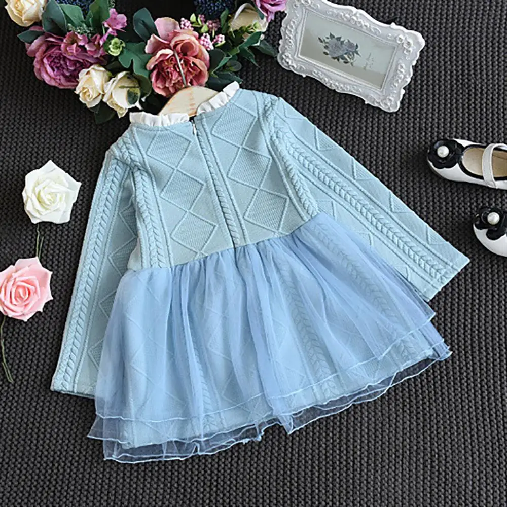 2018 Autumn Girls Dress Children's Solid Color Mesh Stitching Long-Sleeved A-Line Casual | Детская одежда и обувь