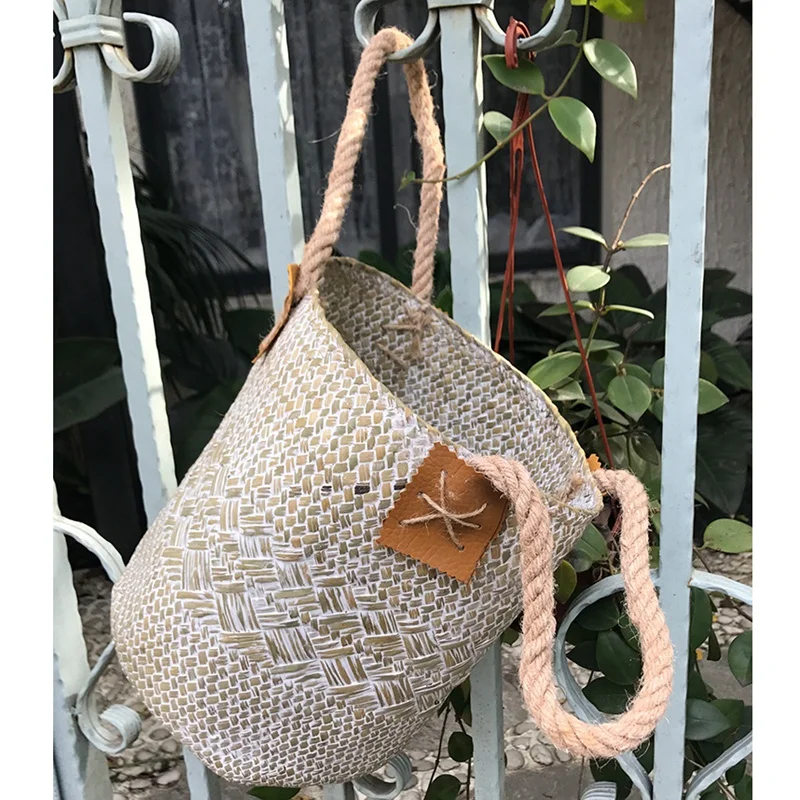 Promotion! Foldable Natural Woven Seagrass Belly Storage Basket Flower Pot Folding Weaving Dirty Garment Fruit B | Дом и сад