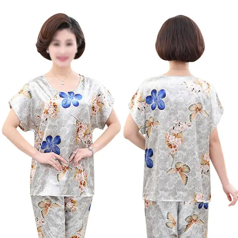 Костюм для сна женщин среднего возраста мам пожилых пижамы имитация шелка с