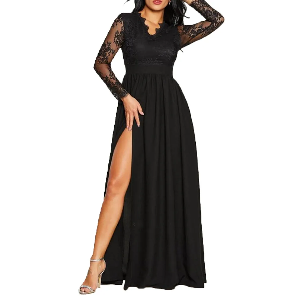 Women Lace Evening Party Prom Gown Ladies Formal Empire Waist Long Dress Solid V-Neck Sleeve Floor-Length Maxi Dresses Sexy | Женская