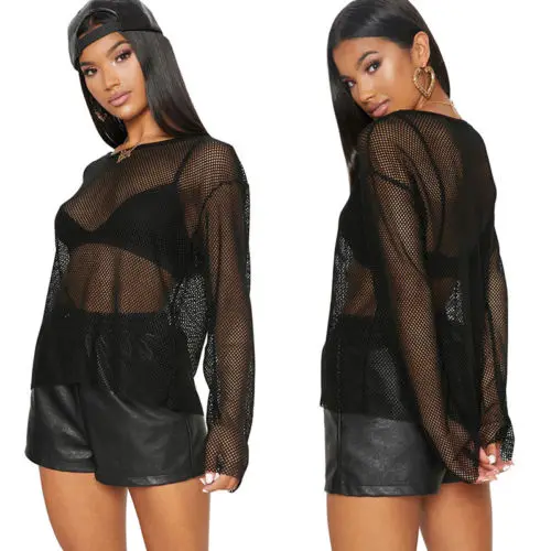 

Women Sheer Mesh Fish Net Long Sleeve Crew Neck See Through Tops Shirt Blouse Women Fashion Clothing Drop shipping