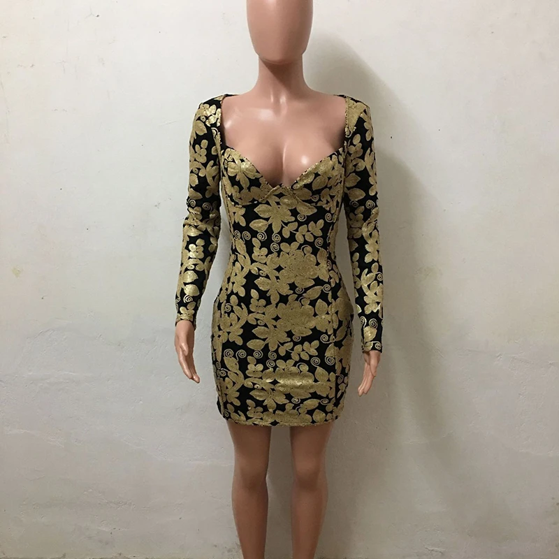 Женское платье с блестками длинным рукавом и v-образным вырезом Осеннее Золотое