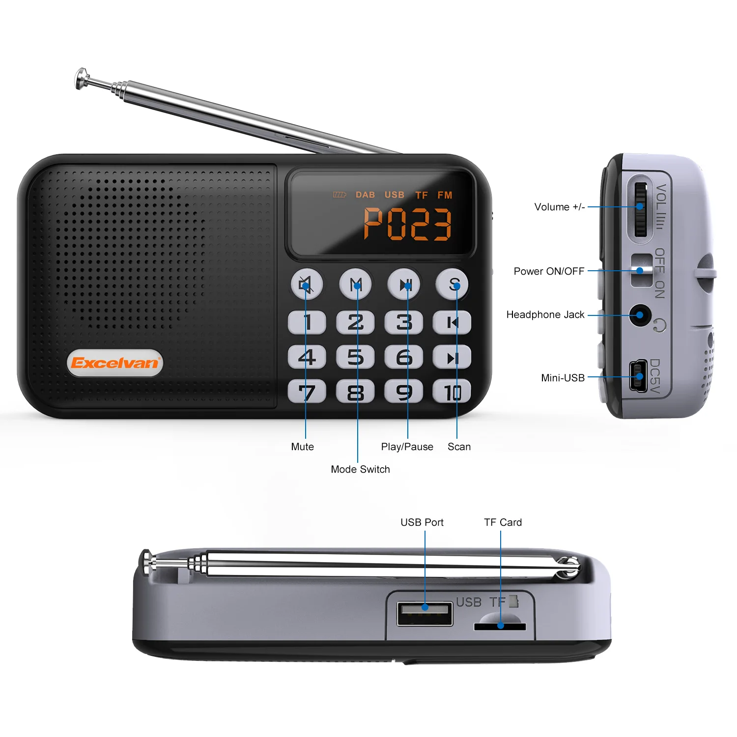 Цифровой автомобильный радиоприемник Excelvan DAB/DAB +/FM Bluetooth TF карта USB 3 5 мм AUX аудио