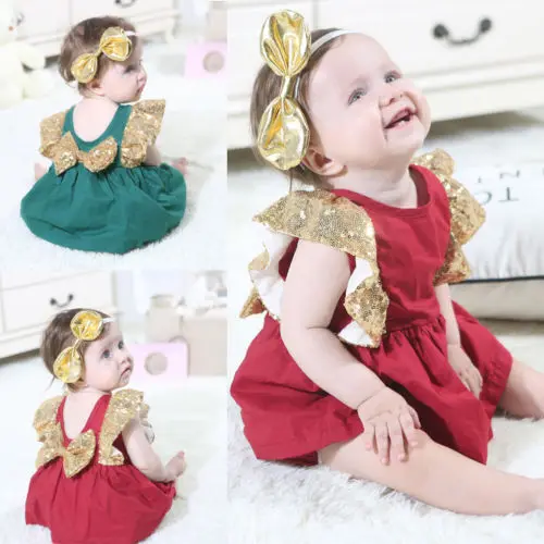 New Summer Cute Baby Girls Ruffle Sequin Sleeve Bodysuit Dress Party Pageant Clothes Babygrows Outfit 0-24M | Детская одежда и