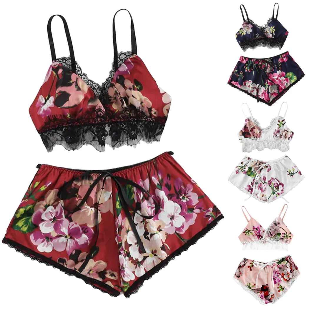 2 шт. сексуальные пижамы женское нижнее белье шорты цветочное на бретельках