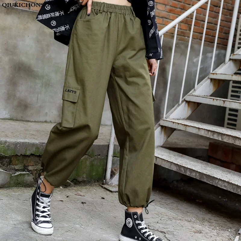 Qiukichonson High Waist Casual Bloomers Women 2019 Korean Fashion Harem Pants Lazy Wind Black Cargo Pants Loose Capris Trousers black harem pants devil fashion gothic loose trousers steampunk black casual draped pants irregular breeches