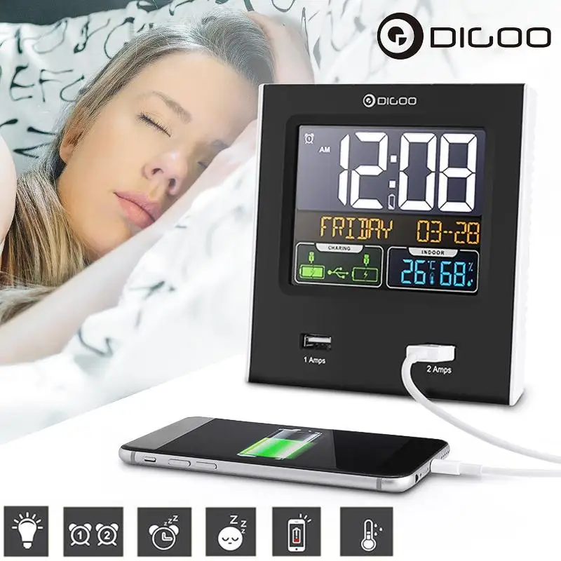 Digoo DG-C3X двойные сигналы повтора часы календарь+ 2 USB порта светодиодный подсветка Температура Влажность Метеостанция 12 ч/24 ч