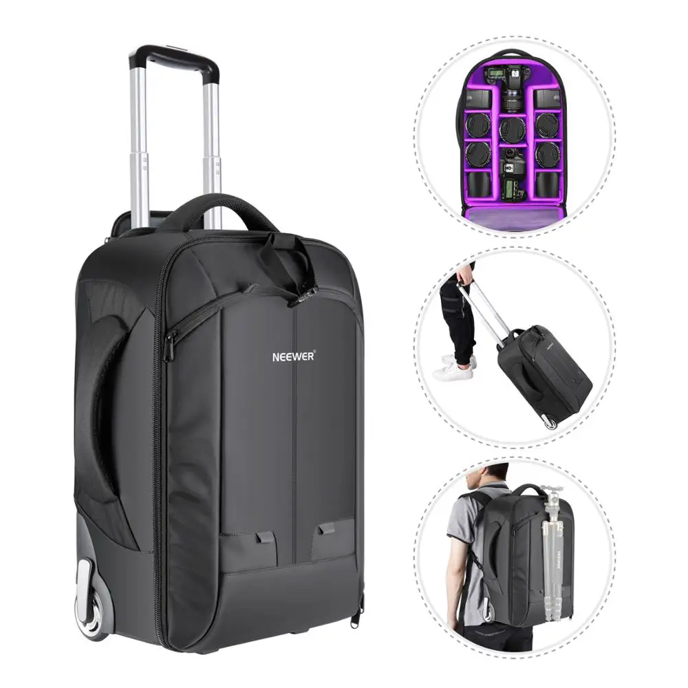 Neewer 2-in-1 Convertible Wheeled Camera Backpack Luggage Trolley Case with Double Bar Anti-shock Detachable Padded Compartment