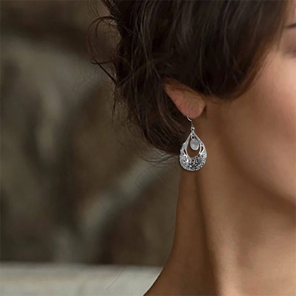 Earrings Women Jewelry Fashion Hollow Out Water Drop Silver Geometric Vintage Accessories Female Wedding Party New Summer D30 | Украшения и
