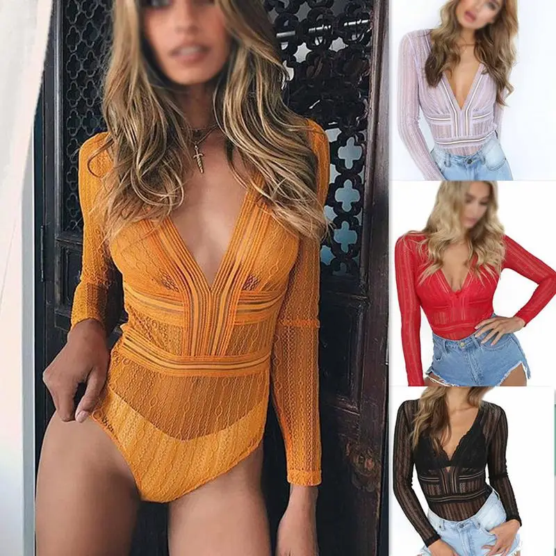

New Fashion Lace Bodysuit Women Deep V Neck Sexy Women Bodysuit Nightclub Sexy Body Mujer Short Jumpsuit Combinaison Femme