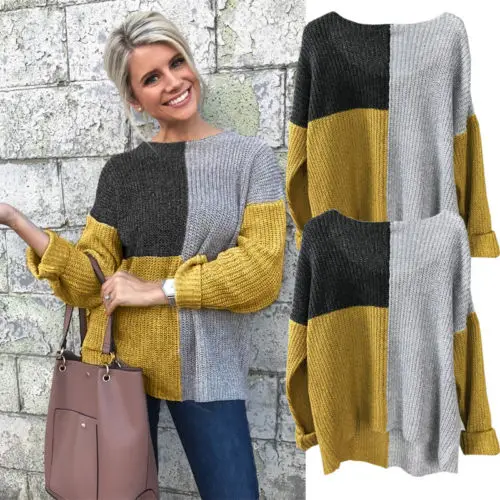 Fashion Womens Contrast Color Sweaters 2018 New Winter Long Sleeve Baggy Ladies Pullover Top Knitted Oversized Sweater S-XL | Женская