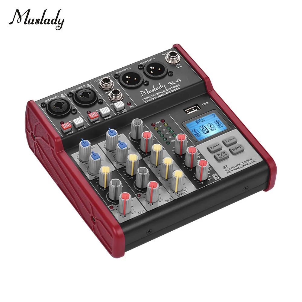 

Muslady SL-4 4-Channel Mixing Console Sound Mixer 2-band EQ Built-in 48V Phantom Power Supports BT Connection USB MP3 Player