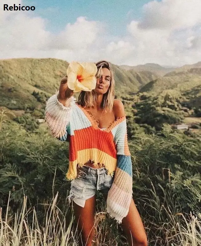 Rainbow Stripe Sweater Women Fringe Deep V Neck Tassel Knitted Pullover Cool Girls Autumn Winter Loose Cropped Jumper Pull Femme | Женская
