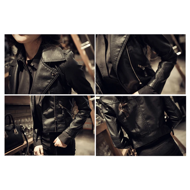 Винтажное женское пальто Тонкий Байкерский мотоциклетный PU мягкий кожаный жакет