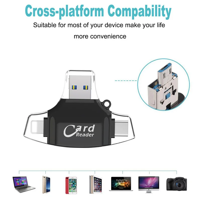 4 в 1 пластиковый тип C/Micro-Usb/Usb TF SD кард-ридер для Ipad Iphone X 7 8 Plus 5 6 S устройство чтения
