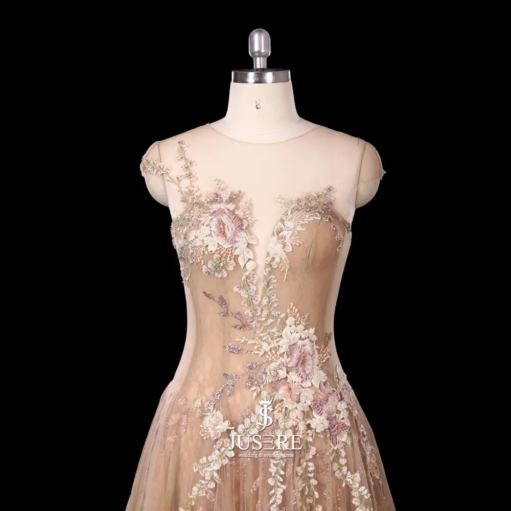 Champagne Long Evening Dress Charming A-Line O-Neck Cap Sleeve Embroidery Lace Flower Floor Length Evening Dresses Gowns 2019